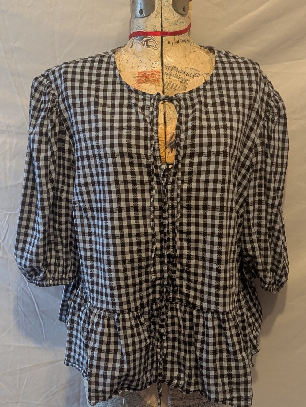 NWOT Cropped Peplum Top In Cool Cotton Viscose Fabric, Brown/Blue Check 3X